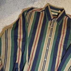 L.L. LL Bean Men's Button Up Shirt Large Green Brown Red Blue Striped Pocket VTG